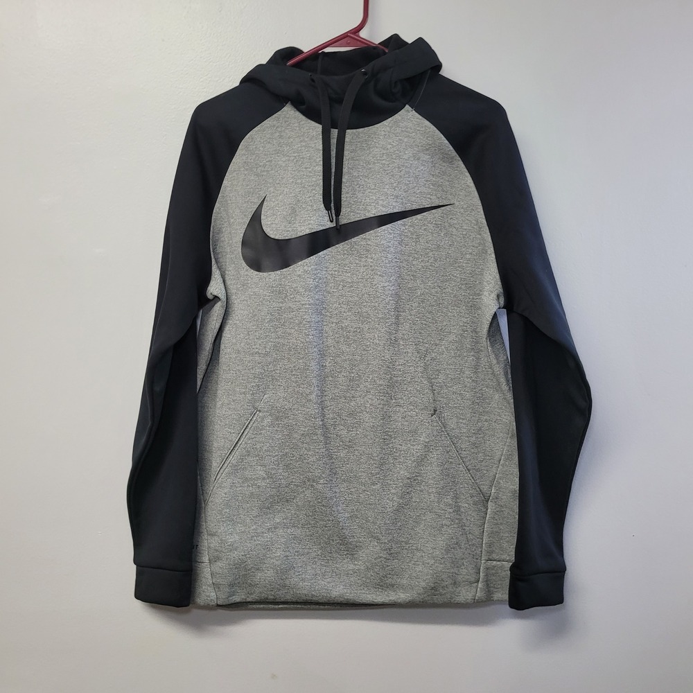Nike Mens‎ Dri-Fit Raglan Hoodie Gray Black Swoosh Pullover Medium Athletic